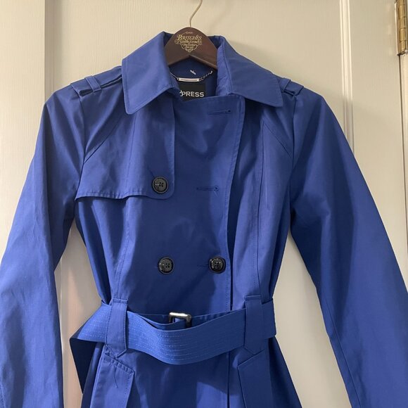 Express Blue Trench Coat Size XS with Wide Lapels and Epaulettes - Picture 2 of 9